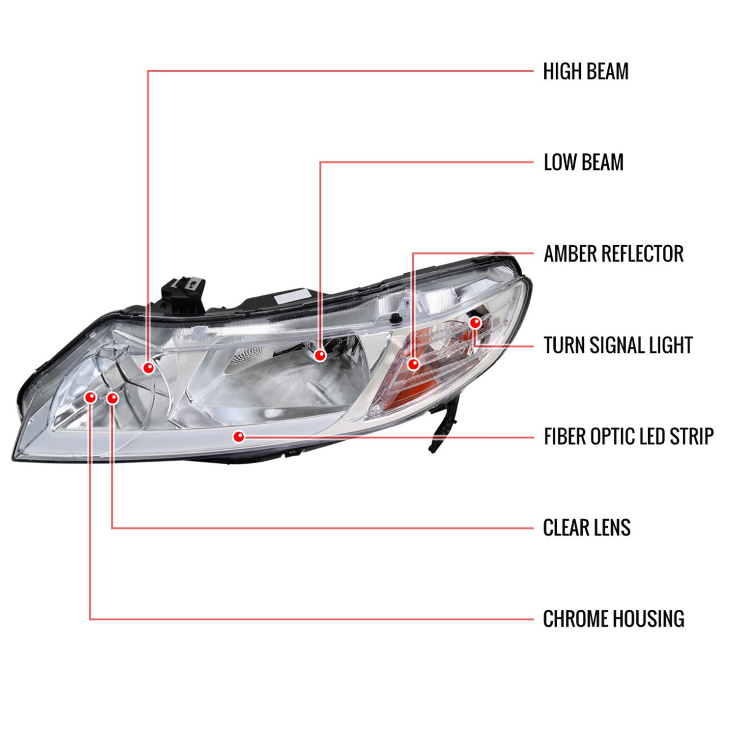 2006-2011 Honda Civic 4DR Sedan Factory Headlights w/LED Strip Chrome/Clear