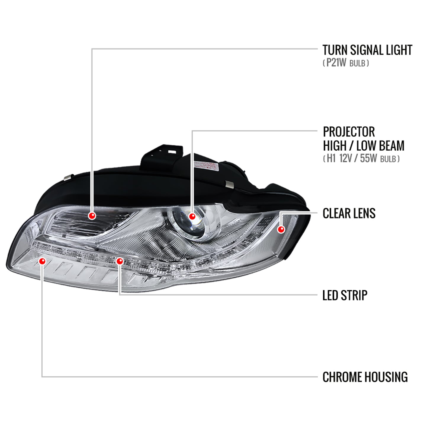 2006-2008 Audi A4 Projector Headlights w/R8 SMD LED Light Strip Chrome/Clear