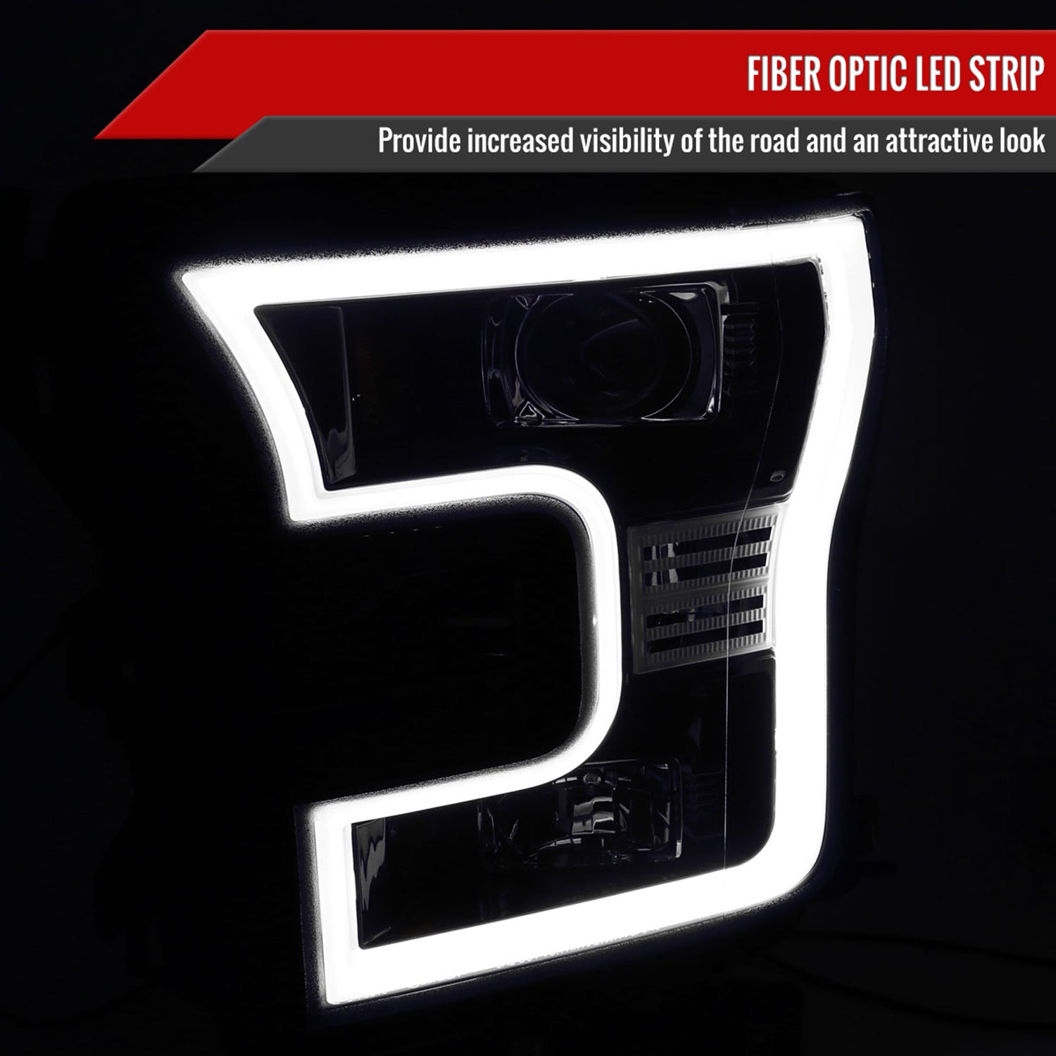 2015-2017 Ford F-150 LED Bar Outline Projector Headlights Glossy Black/Smoke
