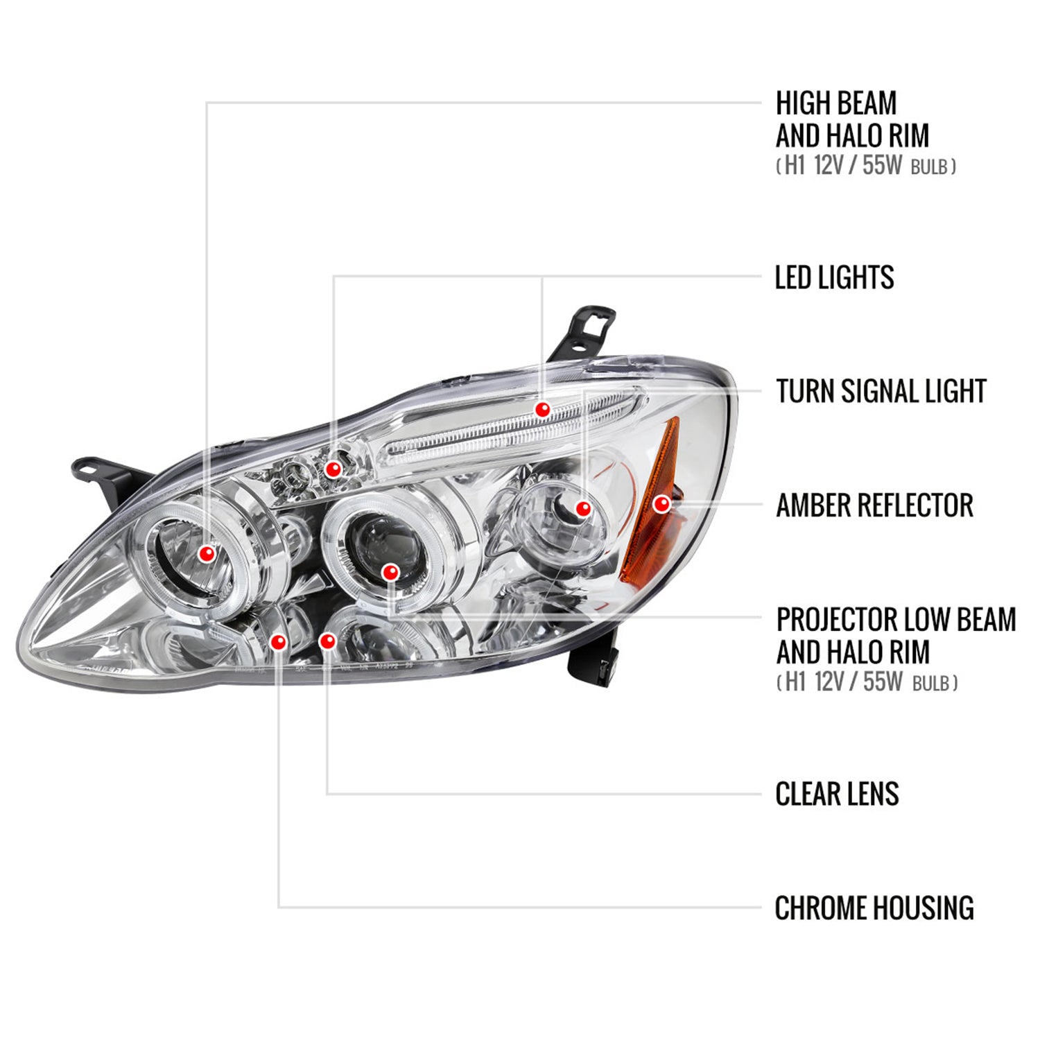 2003-2008 Toyota Corolla Dual Halo Projector Headlights Chrome/Clear Lens