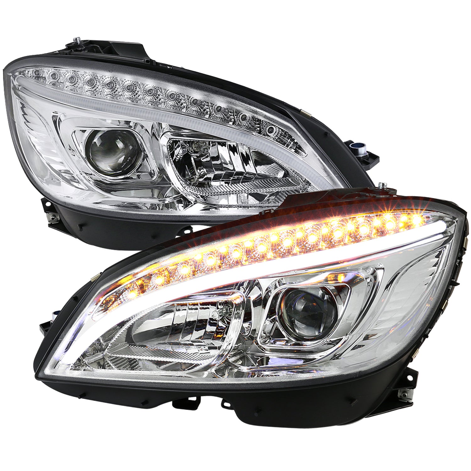 2008-2011 Mercedes W204 C Class Headlights LED Light Bar&LED Signal Chrome
