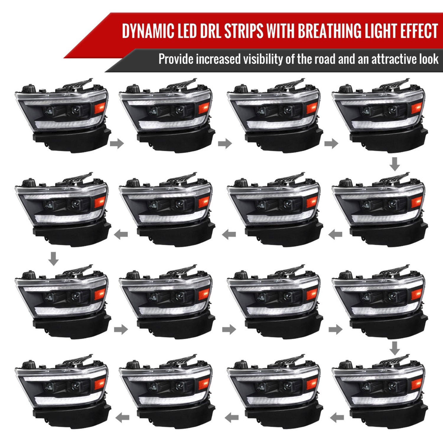 2019-2024 Dodge RAM 1500 Sequential LED Turn Signal Projector Headlights Black