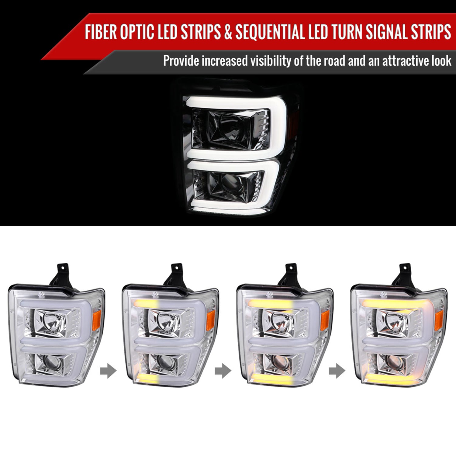 2008-2010 Ford F-250/350/450/550 LED Signal Bar Projector Headlights Chrome