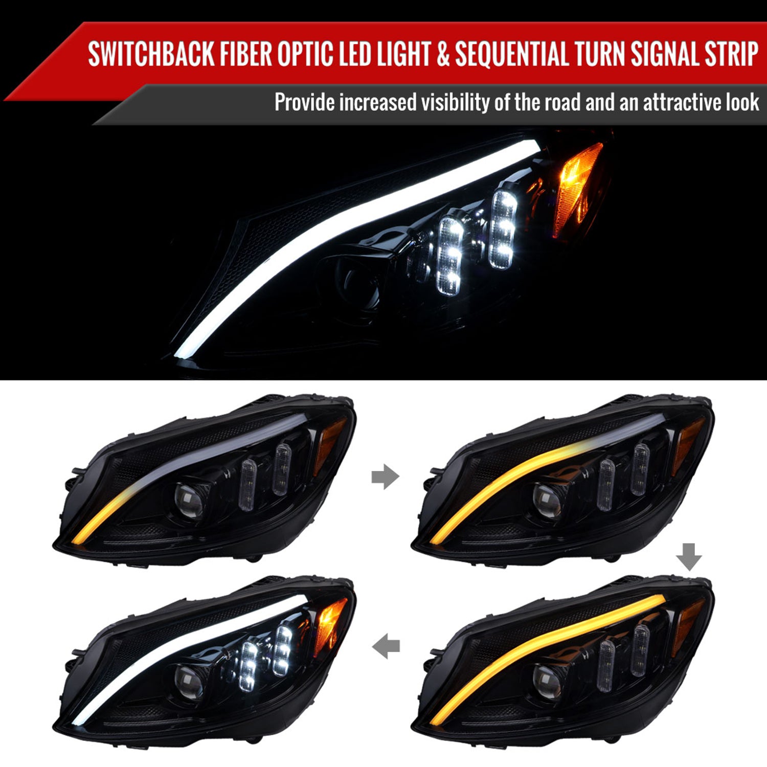 2015-2018 Mercedes-Benz C-Class W205 Signal Headlights Black/Light Smoke