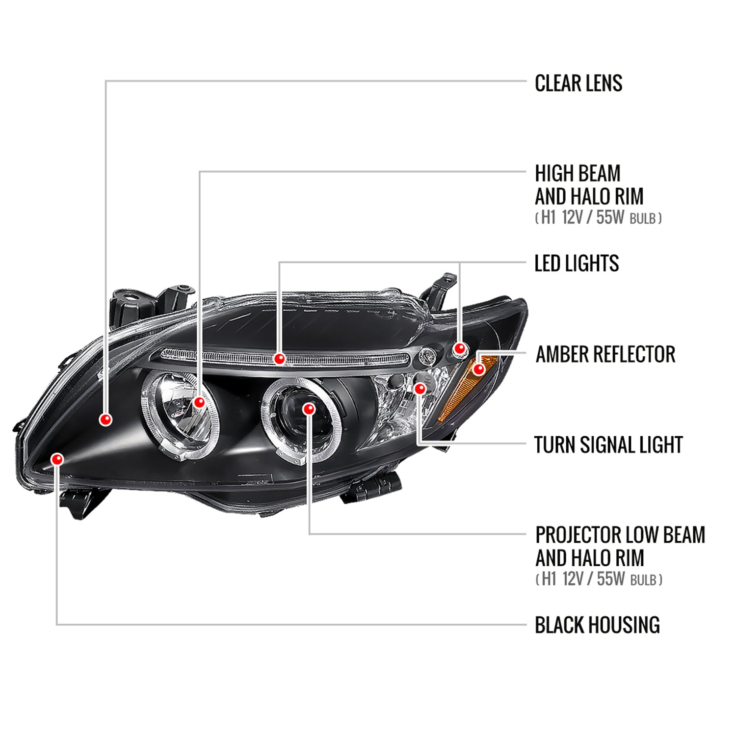 2009-2010 Toyota Corolla Dual Halo Projector Headlights Matte Black/Clear Lens