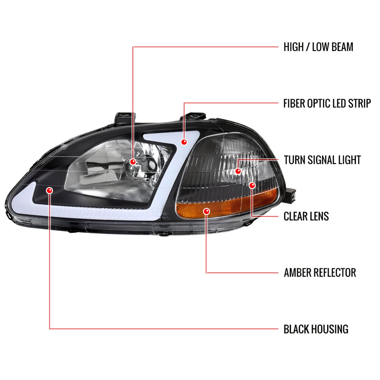 1996-1998 Honda Civic Coupe/Sedan LED Bar Factory Headlights Matt Black