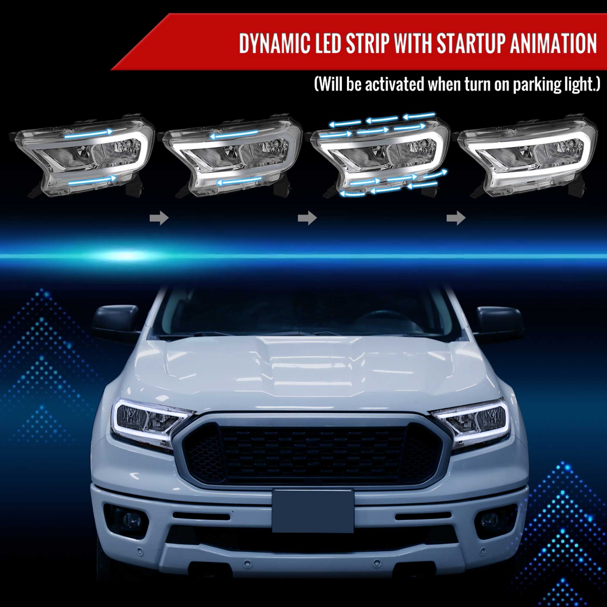 For Ford Ranger XL XLT  2019-2023  Factory Style Headlights LED Bar Turn Signal Chrome Housing Clear Lens