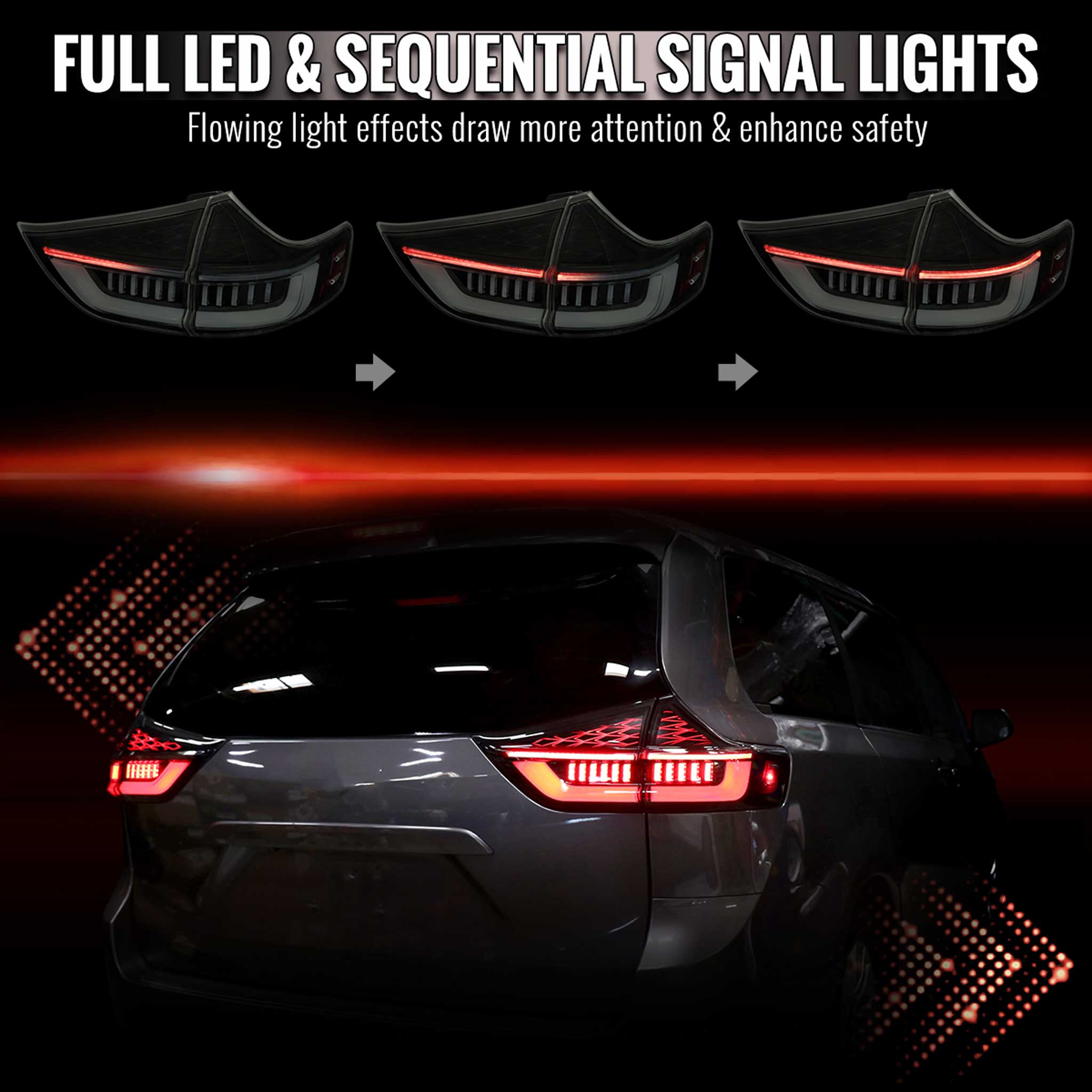 For Toyota Sienna 2015-2020 Full LED Tail Lights Sequential Signal Startup Black Housing Smoked Lens