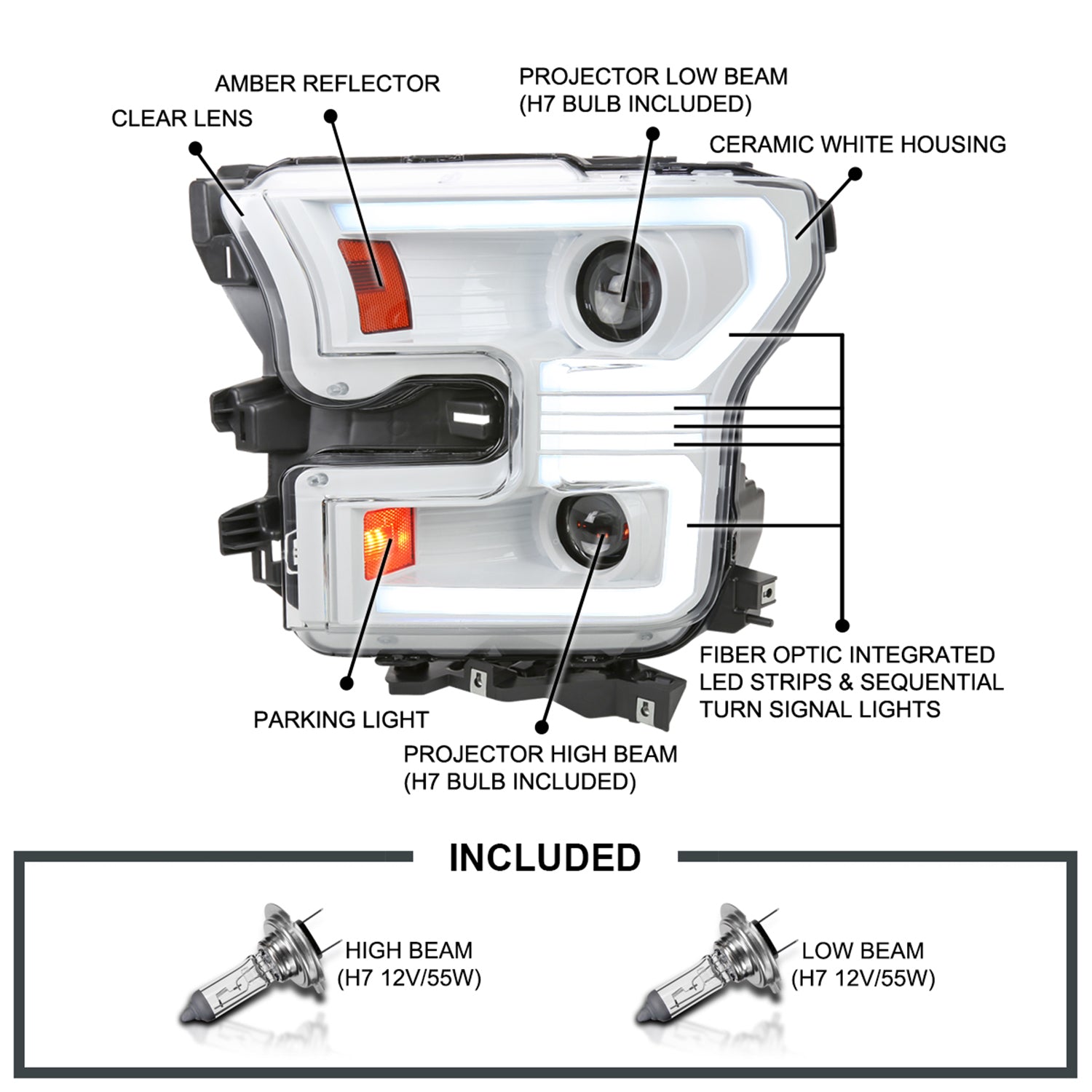 2015-2017 Ford F-150 LED Bar Projector Headlights Signal White Housing / Clear