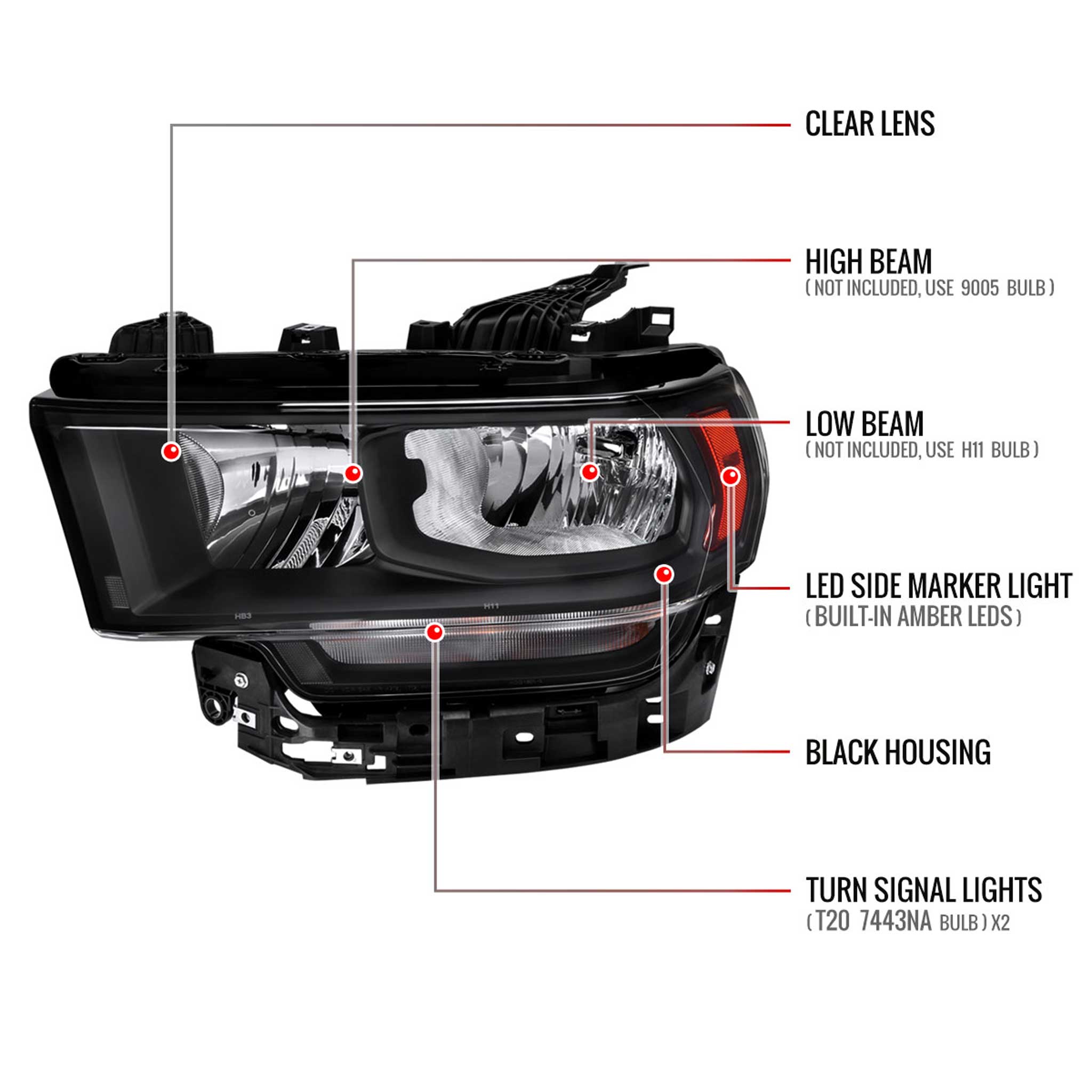For Dodge RAM 2500 3500 2019-2024 Factory Style Crystal Headlight  Driver Side Only Black Housing Clear Lens