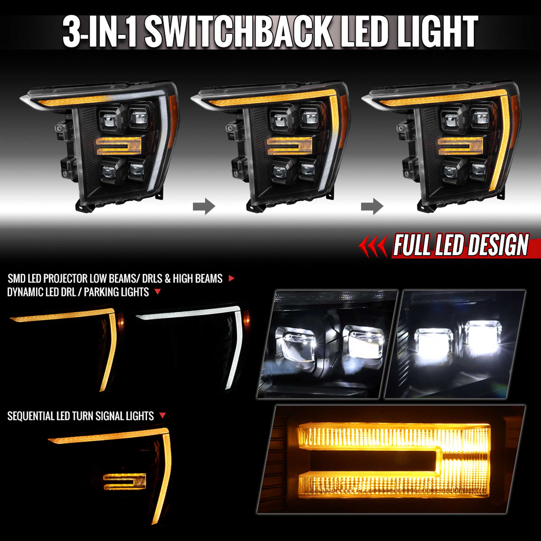 For Ford F-150 2021-2023 Full LED Projector Headlights Sequential DRL Black Clear Halogen Fit