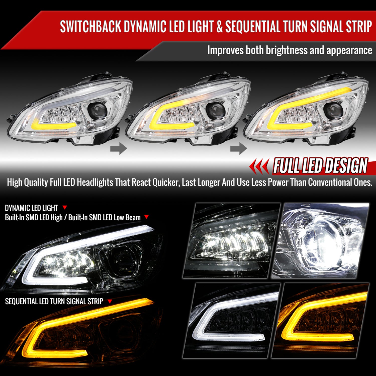 2008-2011 Mercedes Benz W204 C-Class Full LED Projector Headlights Chrome