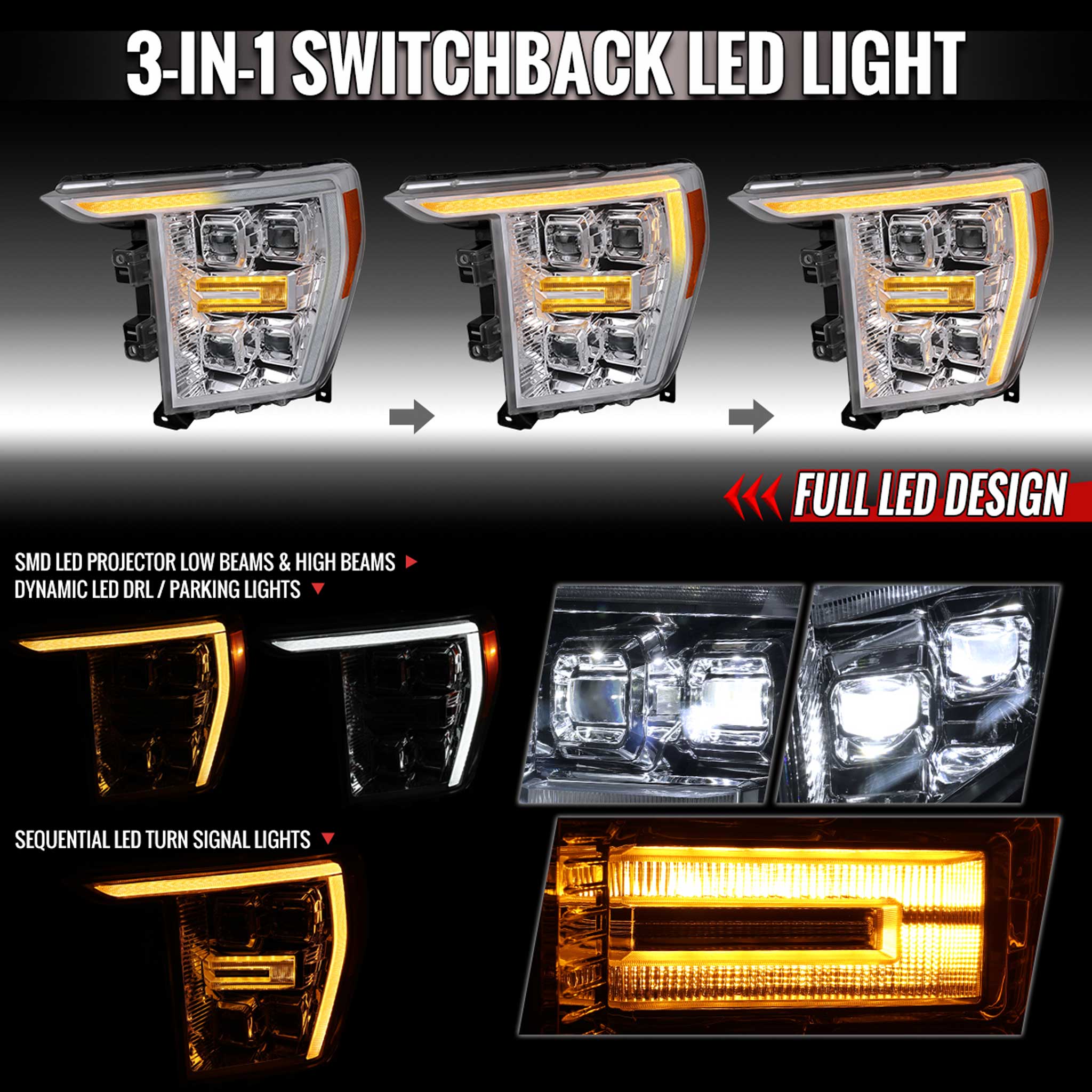For Ford F-150 2021-2023 Full LED Headlights Sequential DRL Chrome Housing Clear Lens Factory Fit