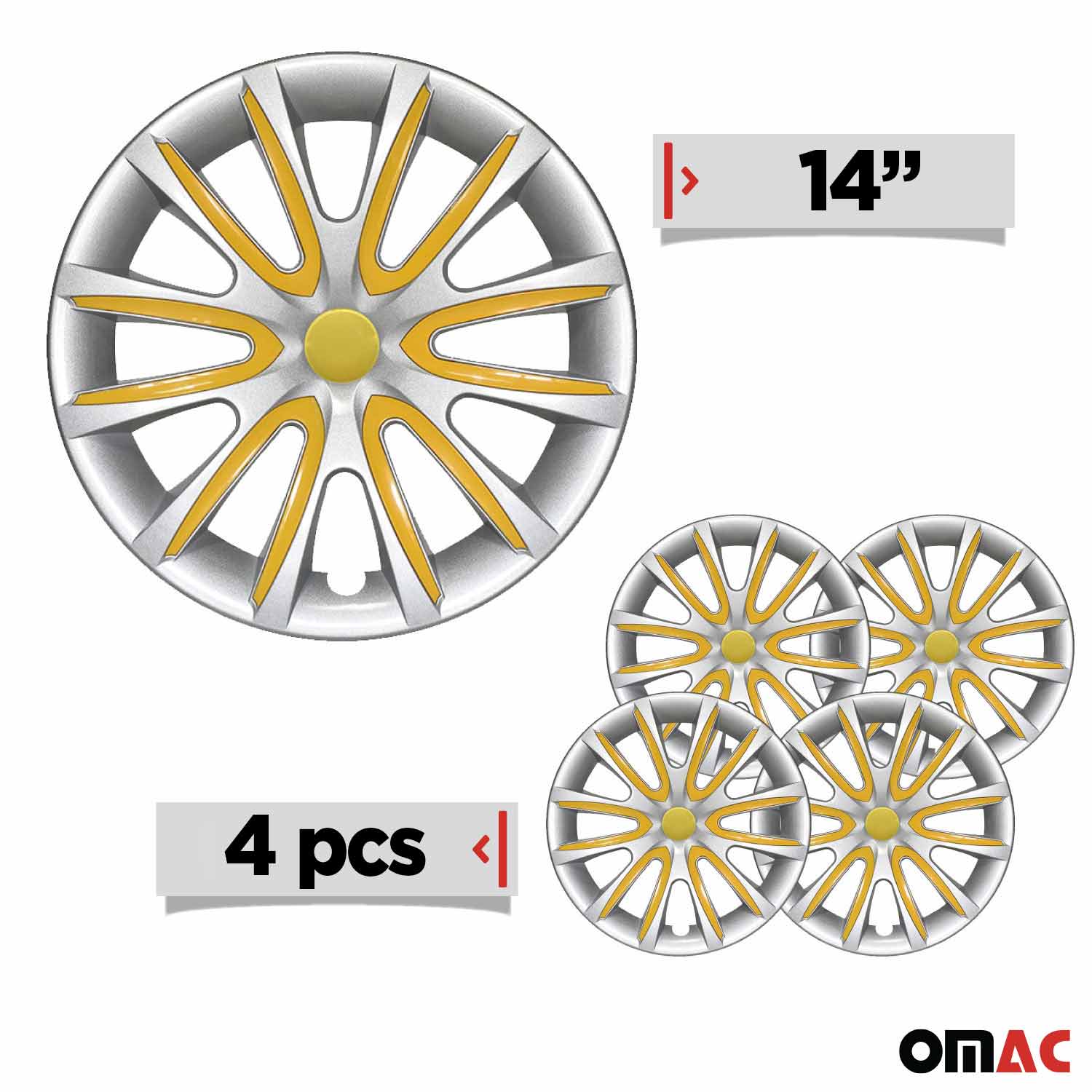 Bicolo Hub Caps Wheel Cover 14" Gray & Yellow Full Set 4 pcs.
