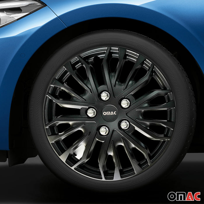 15" Wheel Covers Guard Hub Caps Durable Snap On ABS Matt Black+Silver 4x