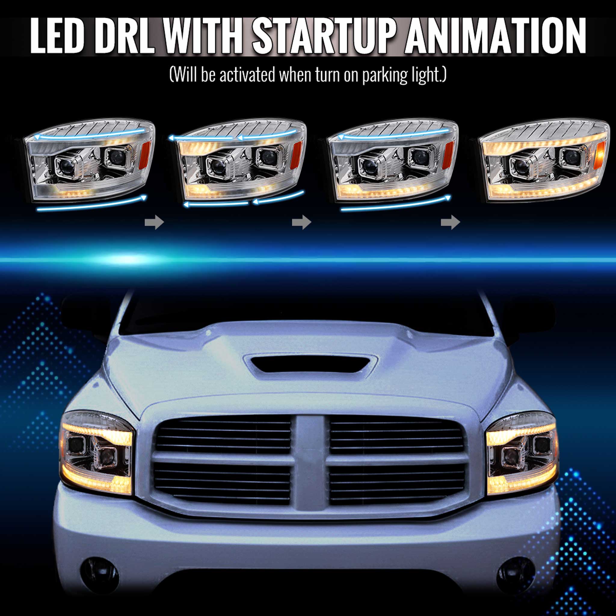 For Dodge RAM 1500 2006-08 / RAM 2500 3500 2006-09 Projector Headlights Amber LED Strips Turn Signals DRL Chrome Housing Clear Lens