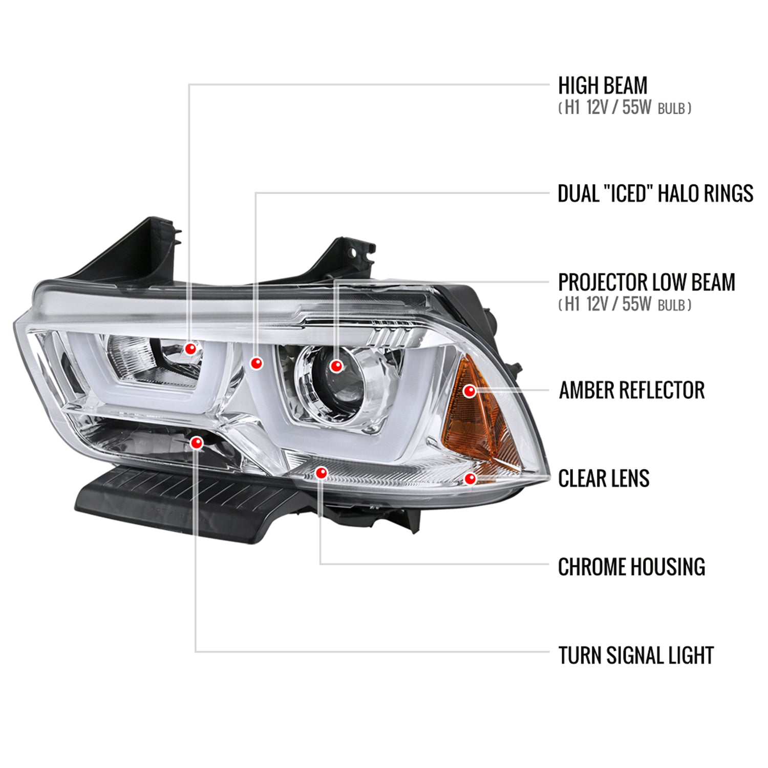 2011-2014 Dodge Charger Dual LED U-Bar Projector Headlights Chrome/Clear Lens