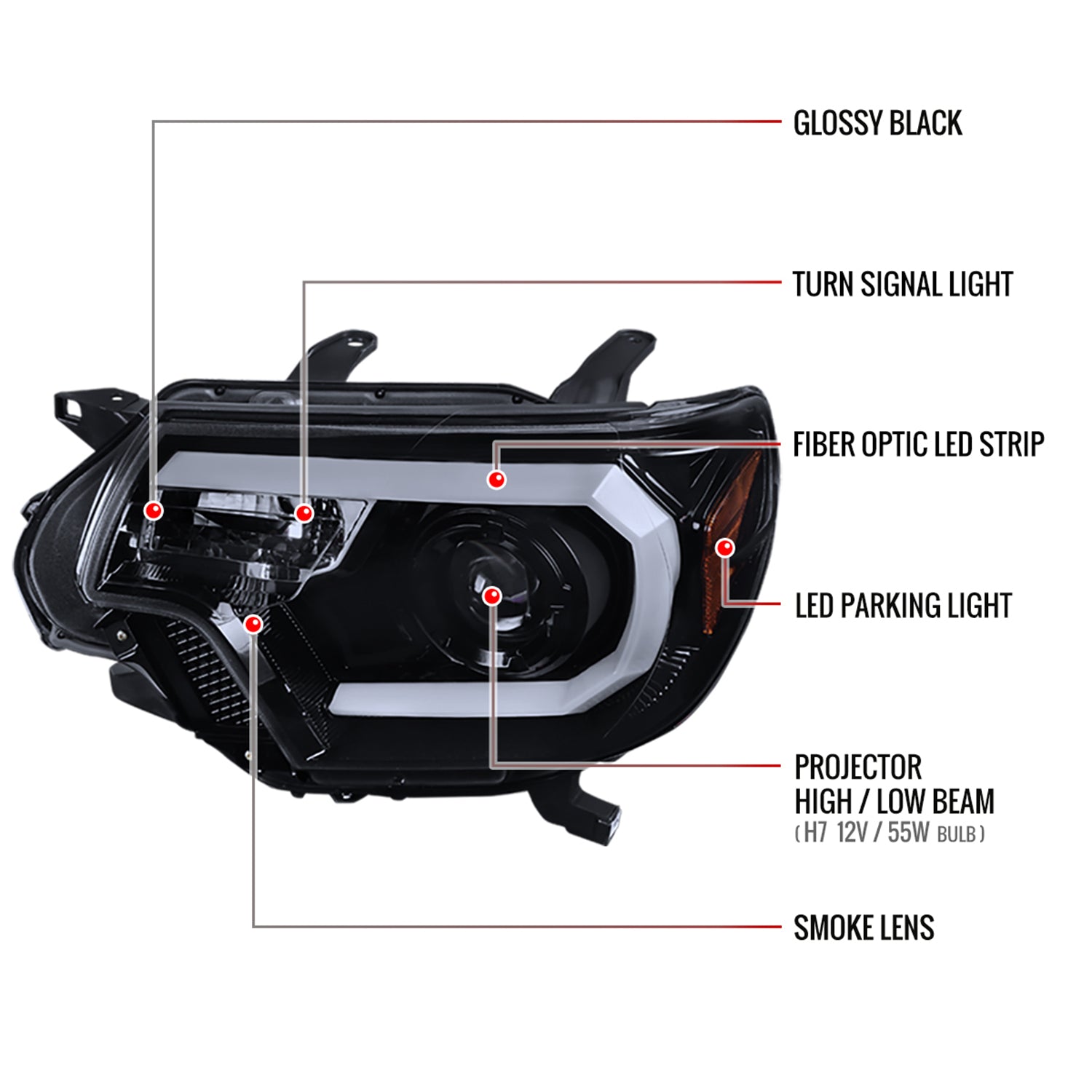 2012-2015 Toyota Tacoma LED C-Bar Projector Headlights Glossy Black/Smoke Lens