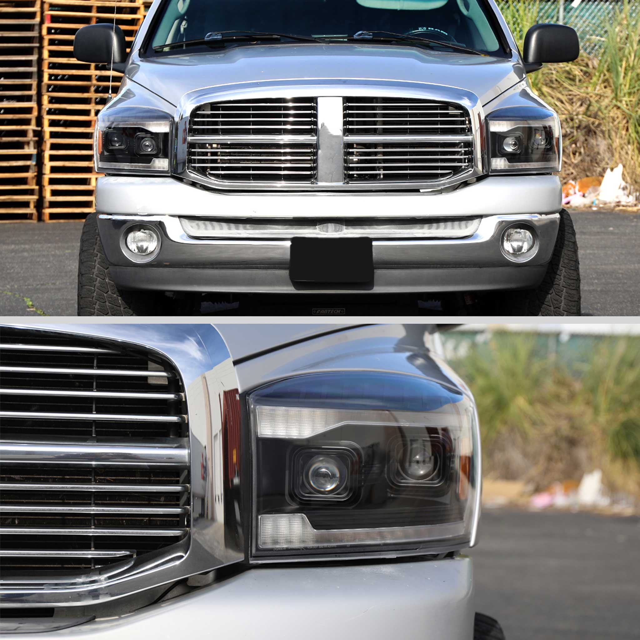 For Dodge RAM 1500 2006-08 / RAM 2500 3500 2006-09 Headlights LED Strip Turn Signals DRL Startup Animation Black Housing Clear Lens