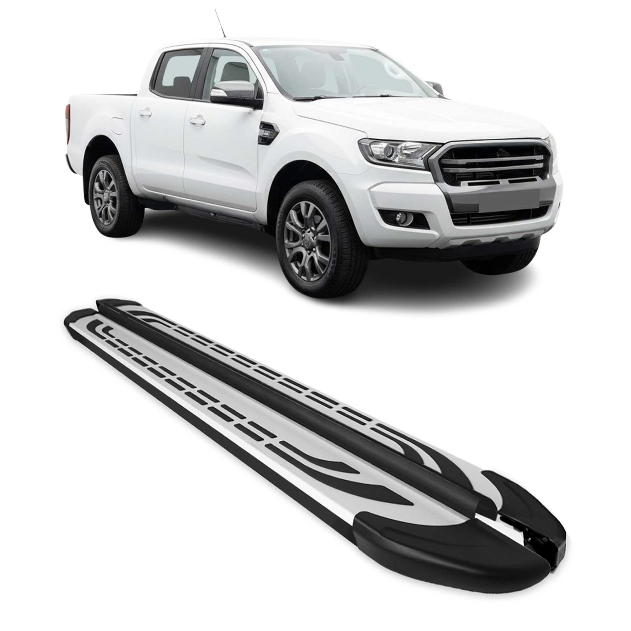 2019-2023 Ford Ranger Double Cab Running Boards Side Steps Silver & Black