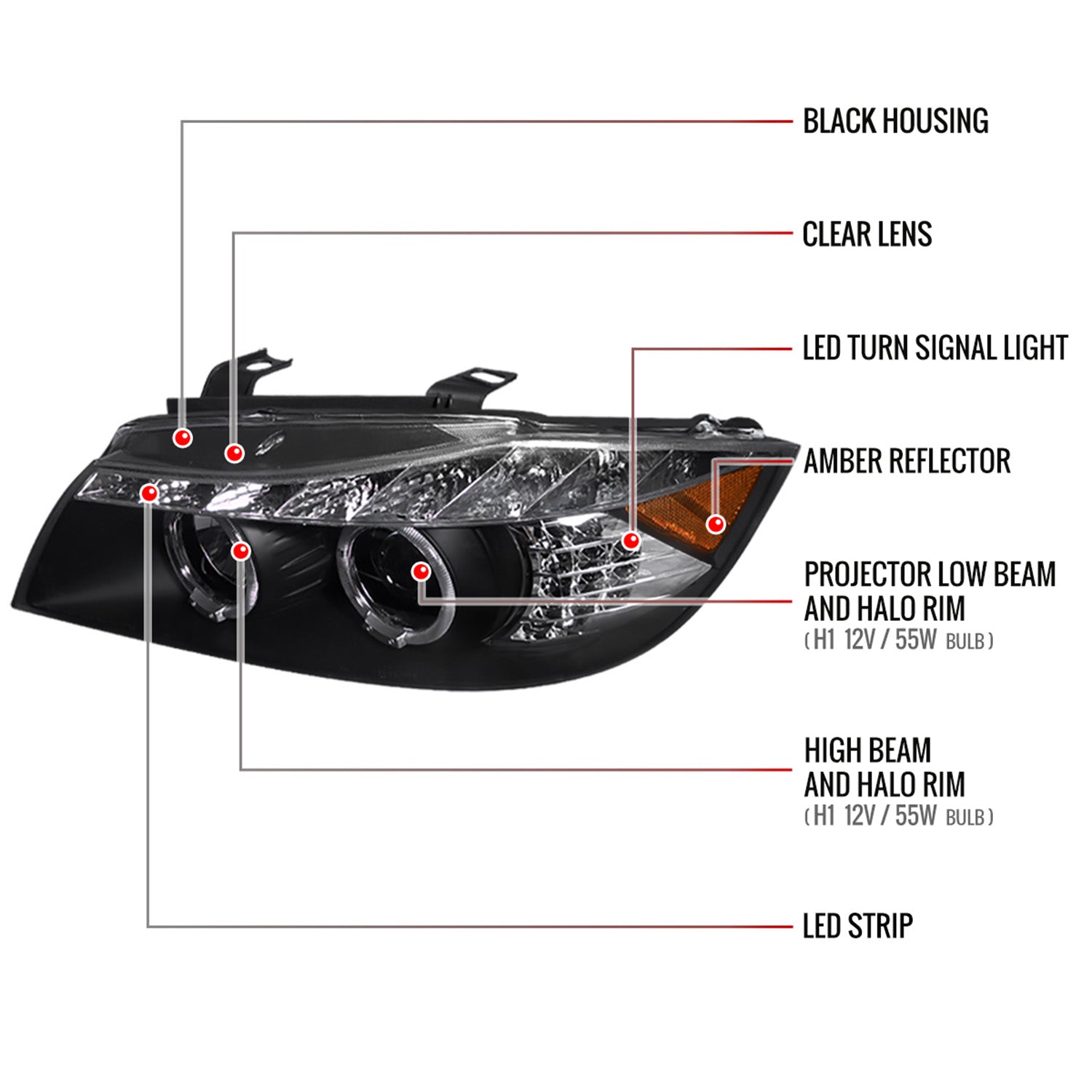 2006-2008 BMW E90 3 Series Dual Halo Headlights LED Light& Signal Matte Black