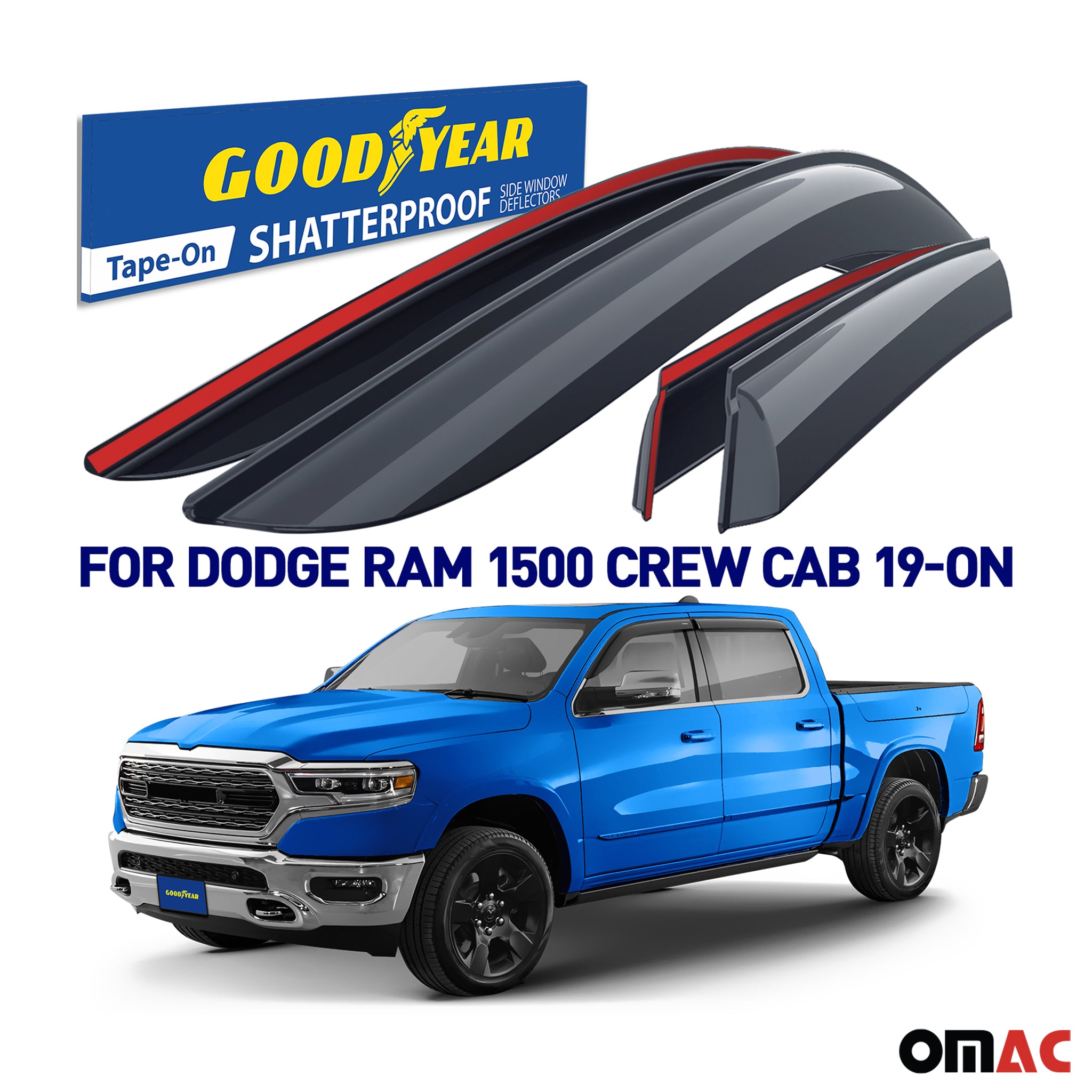 Goodyear Wind Deflectors for Dodge Ram 1500 2019-2025 Crew Cab Tape-On Smoke 4x