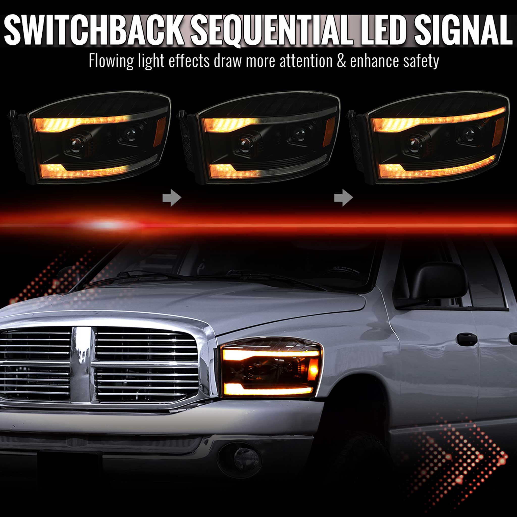 For Dodge RAM 1500 2006-08 / RAM 2500 3500 2006-09 Headlights Switchback Amber LED Strip Turn Signals DRL Black Housing Smoked Lens