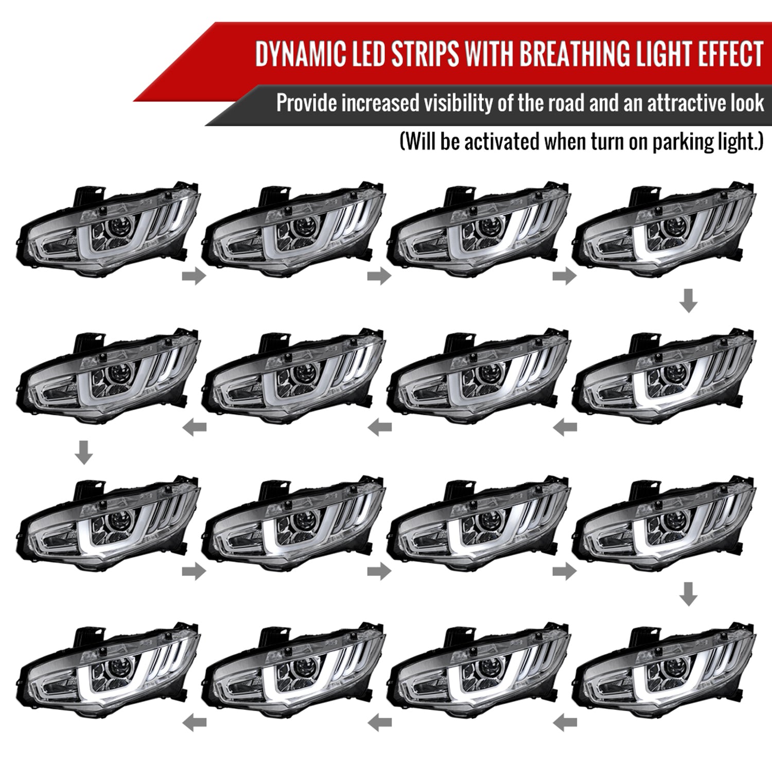 2016-2021 Honda Civic Full LED Projector Headlights Turn Signal Chrome