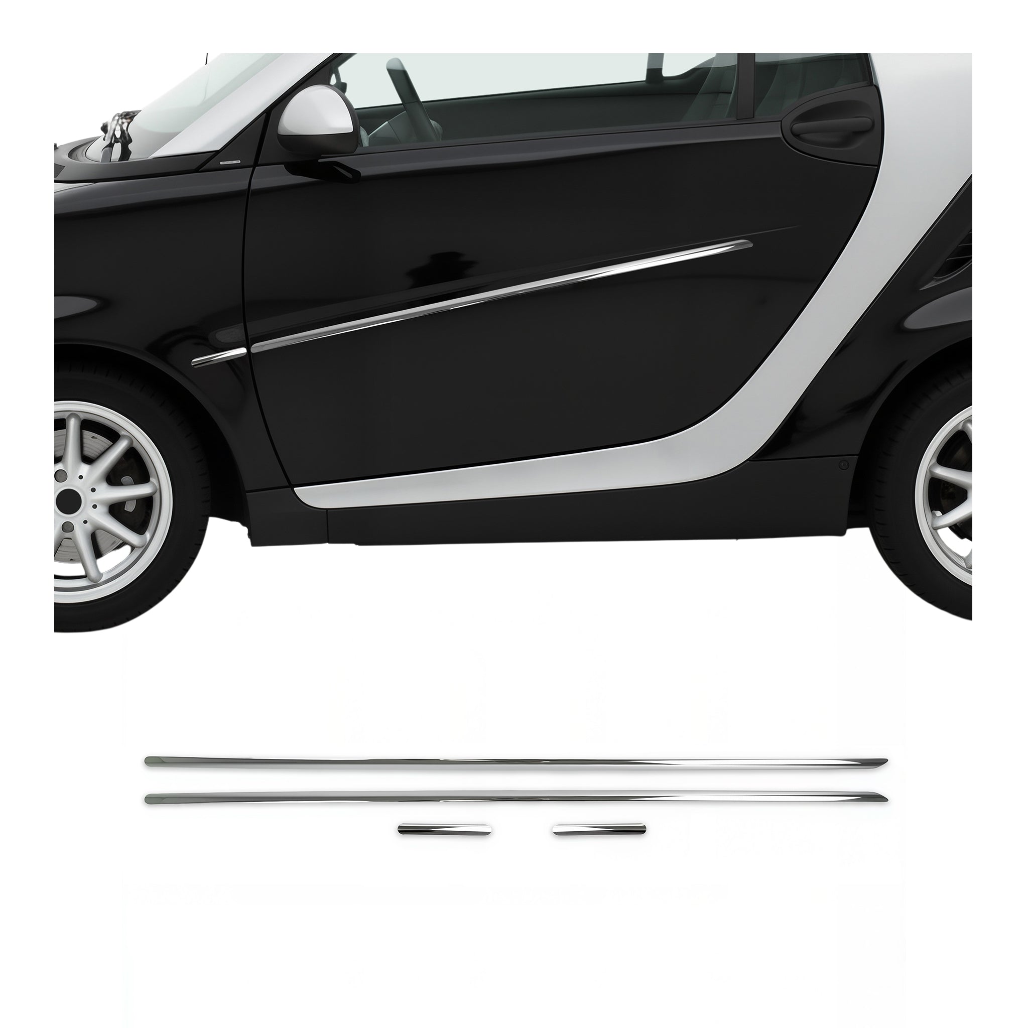 2007-2015 Smart ForTwo Side Door Molding Trim Skirt Garnish Stainless Steel Silver 4Pcs