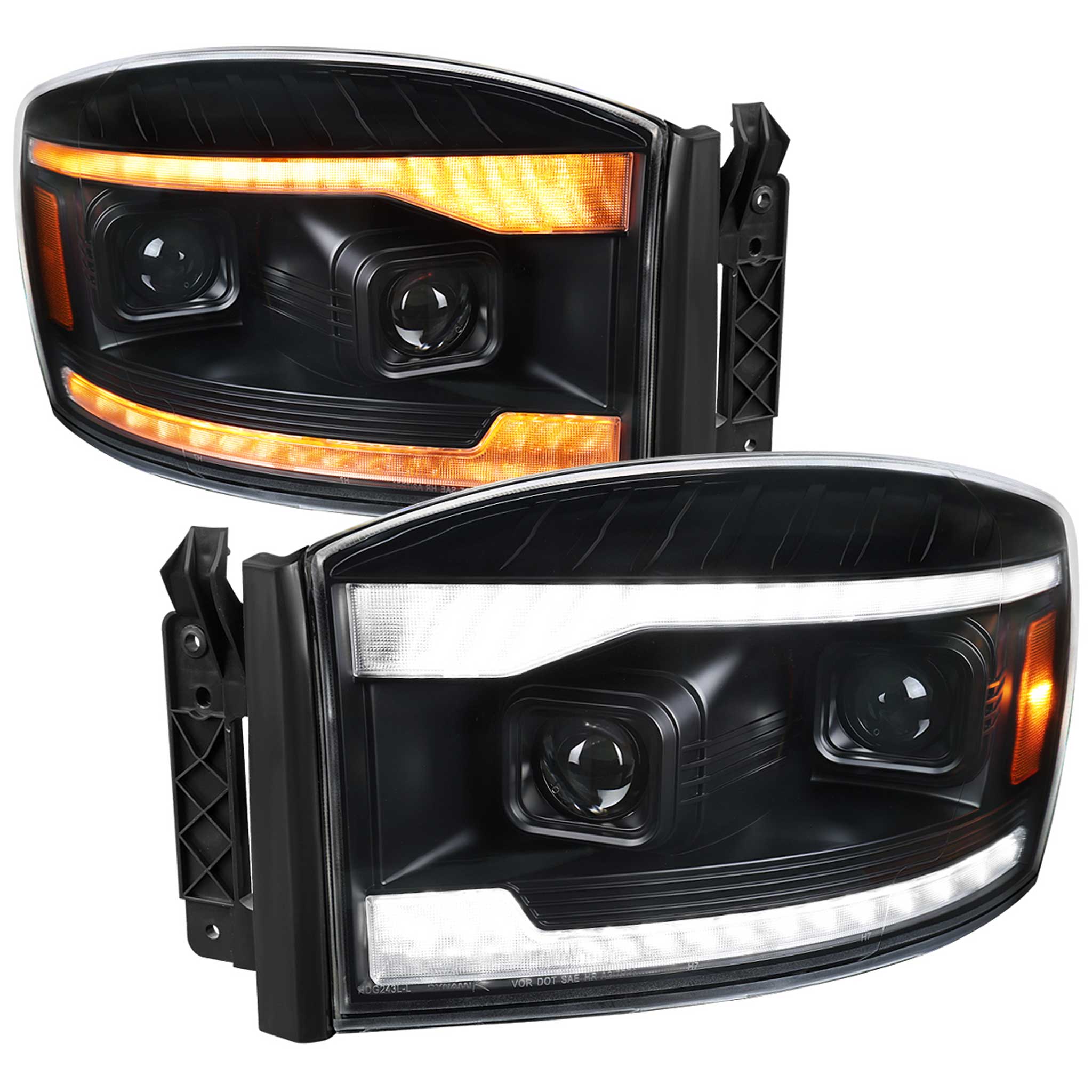 For Dodge RAM 1500 2006-08 / RAM 2500 3500 2006-09 Headlights LED Strip Turn Signals DRL Startup Animation Black Housing Clear Lens