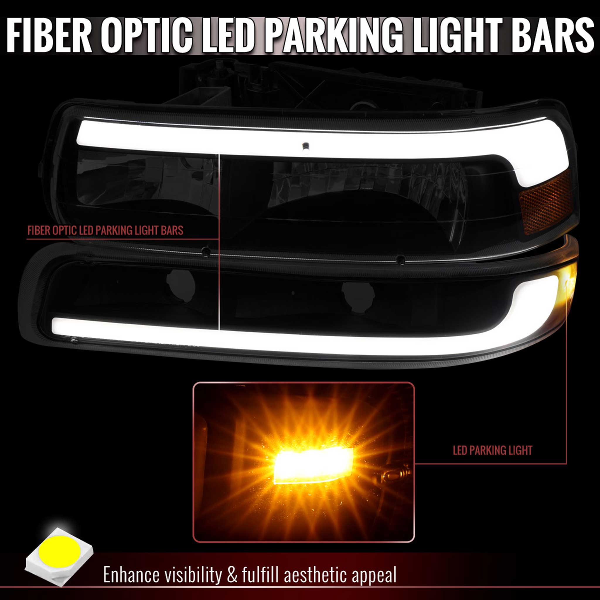 For Chevrolet Silverado Tahoe Suburban 1999-2002 LED Bar Style Headlights Bumper Light Matte Black Housing Clear Lens
