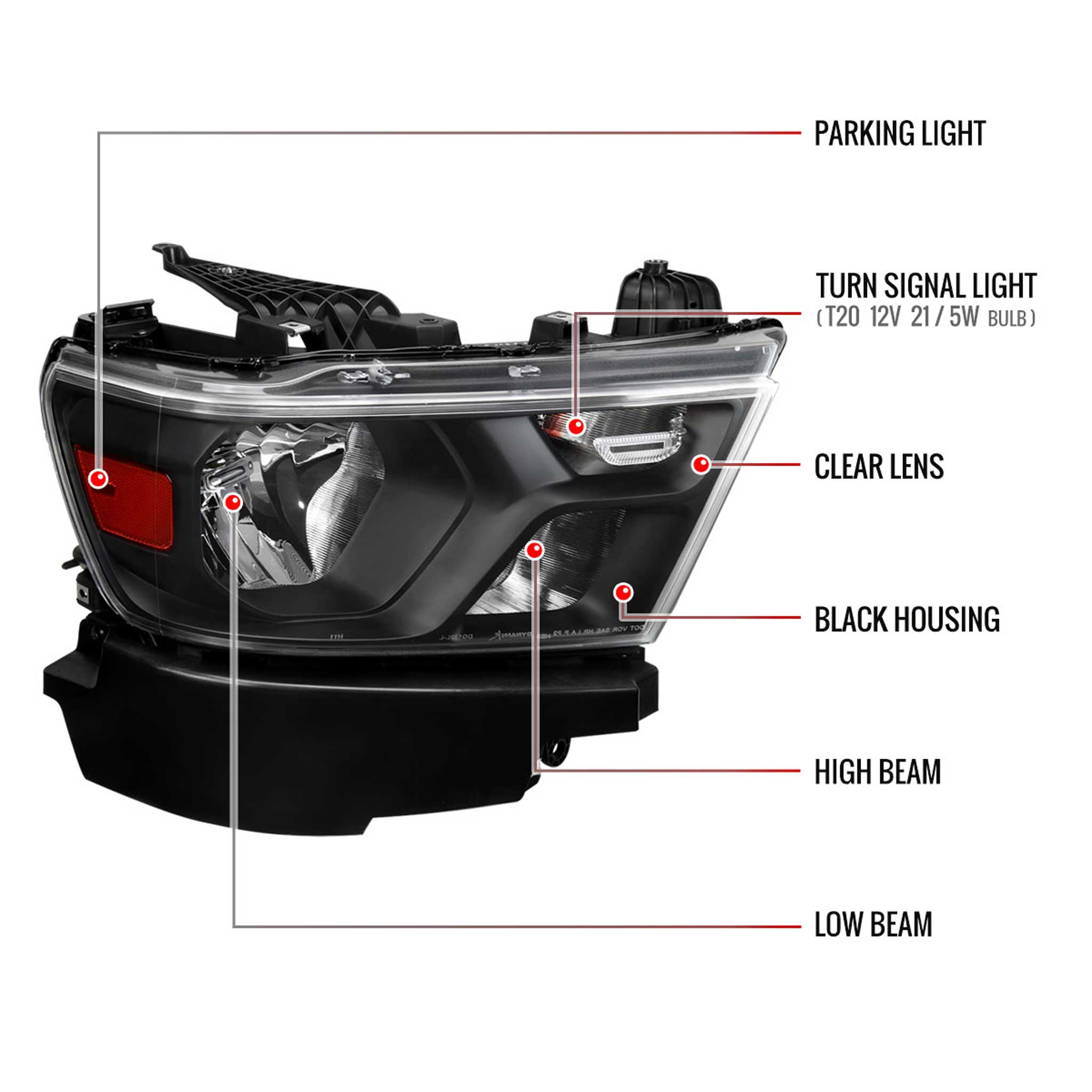For Dodge RAM 1500 2019-2024 Factory Style Crystal Headlight Passenger Side Only Black Housing Clear Lens