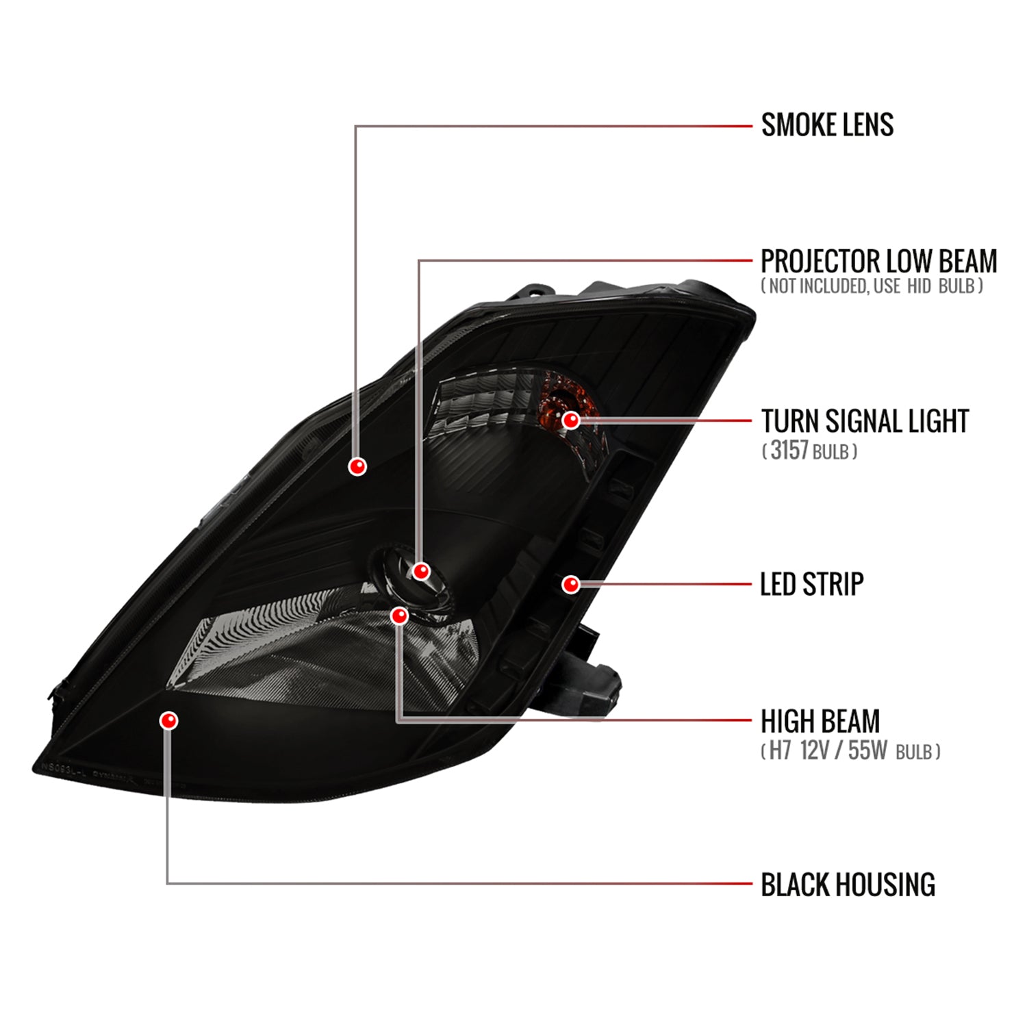 2003-2005 Nissan 350Z Projector Headlights SMD LED Light Strip Black/Smoke