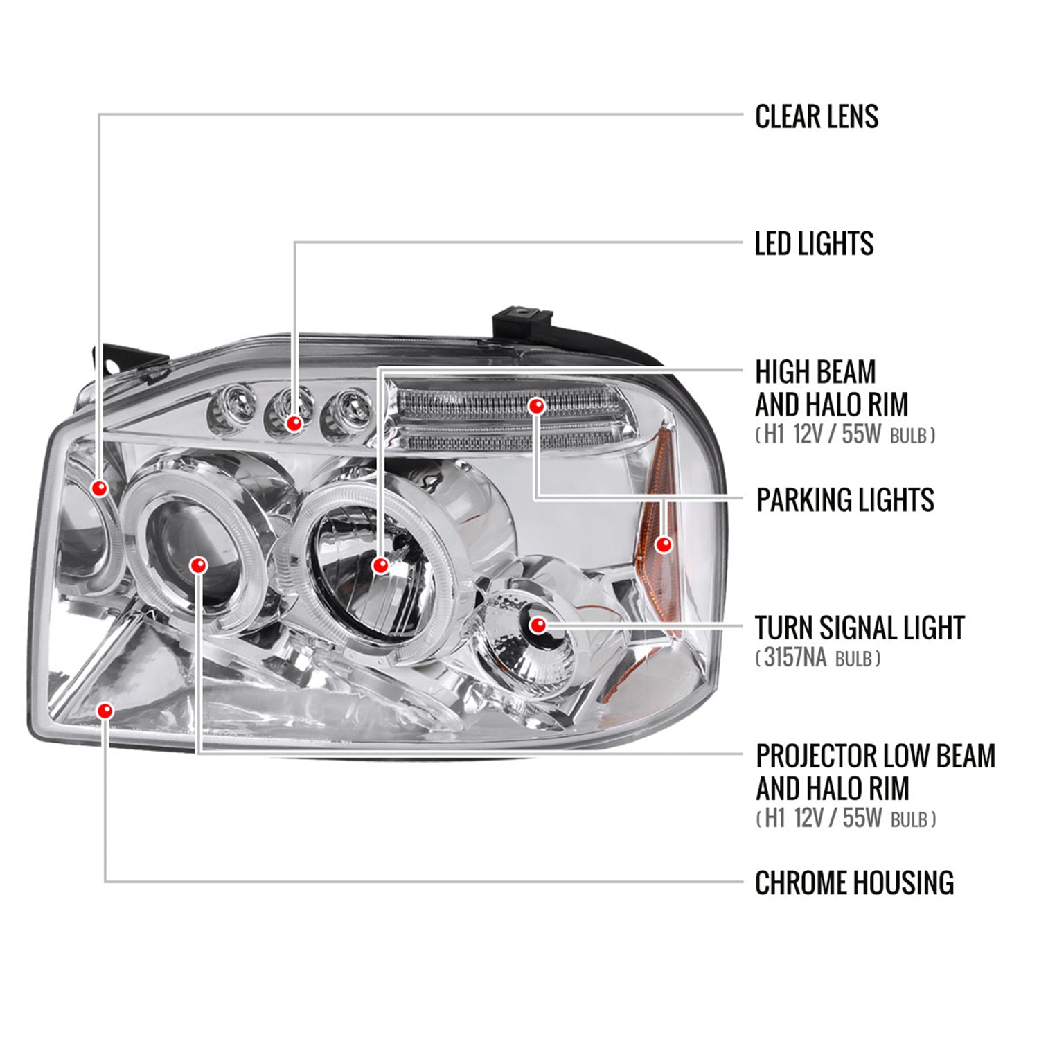 2001-2004 Nissan Frontier Dual Halo Projector Headlights Chrome/Clear Lens