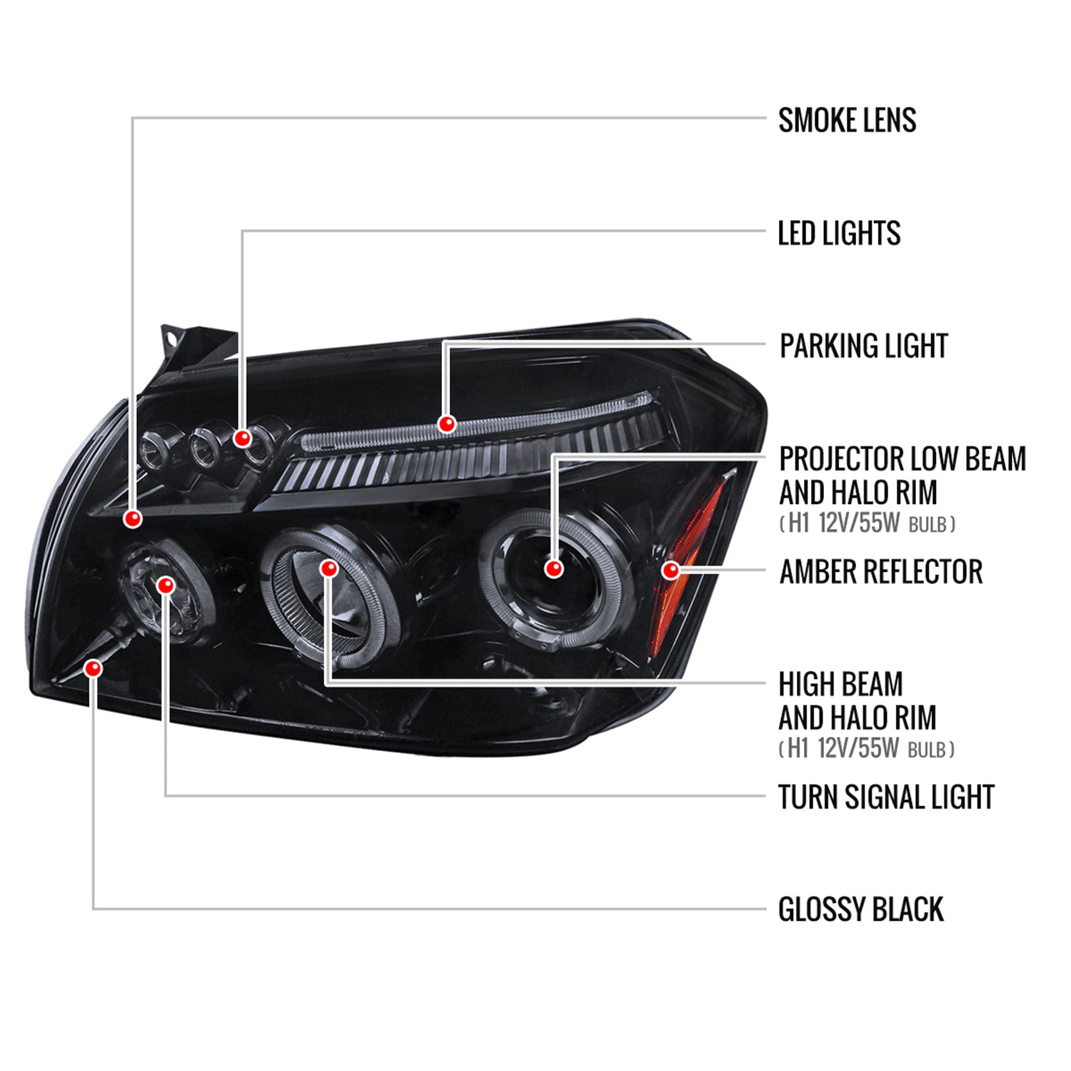 2005-2007 Dodge Magnum Dual Halo Projector Headlights Glossy Black/Smoke Lens