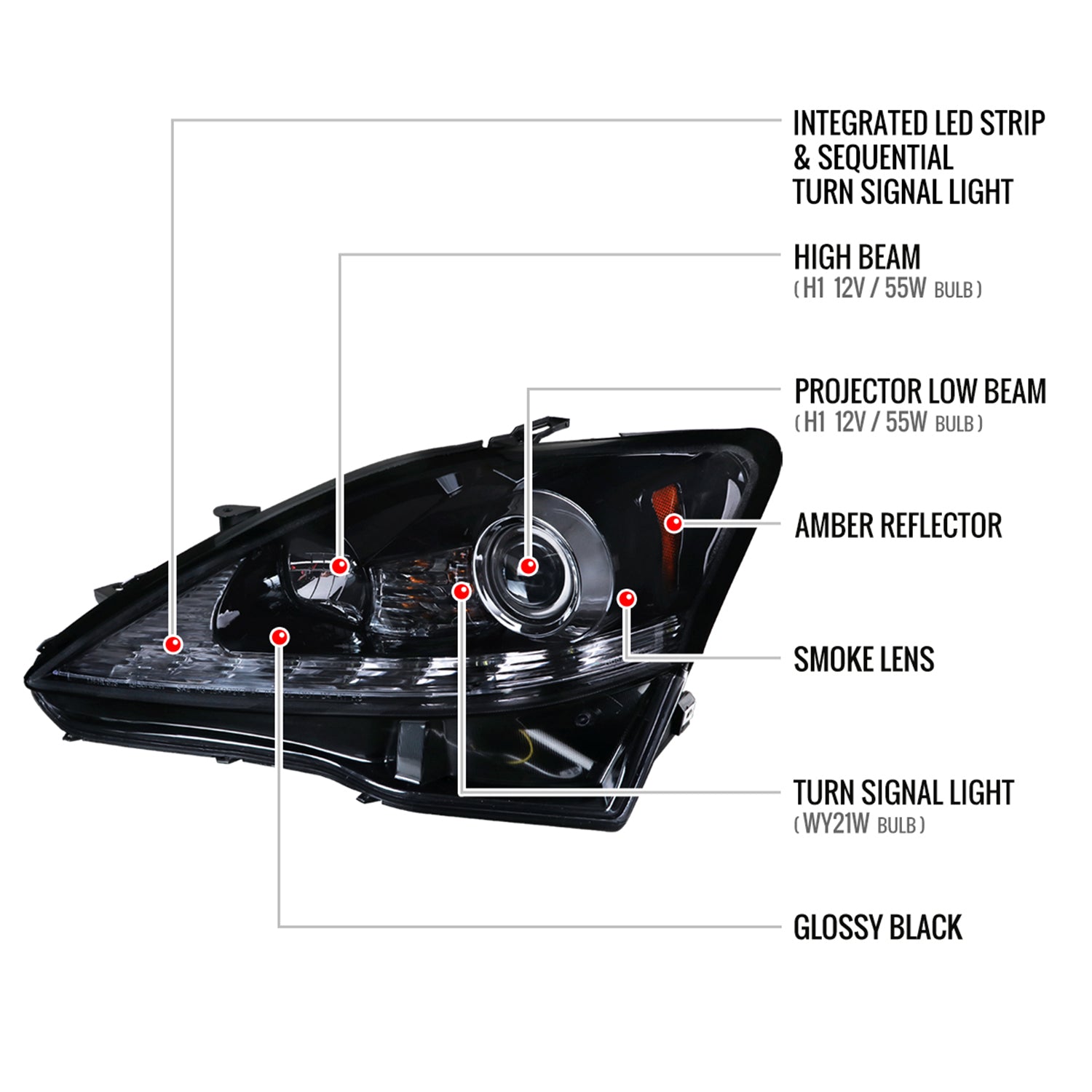 2006-2010 Lexus IS250/IS350 LED Light Projector Headlights Turn Signals Smoke