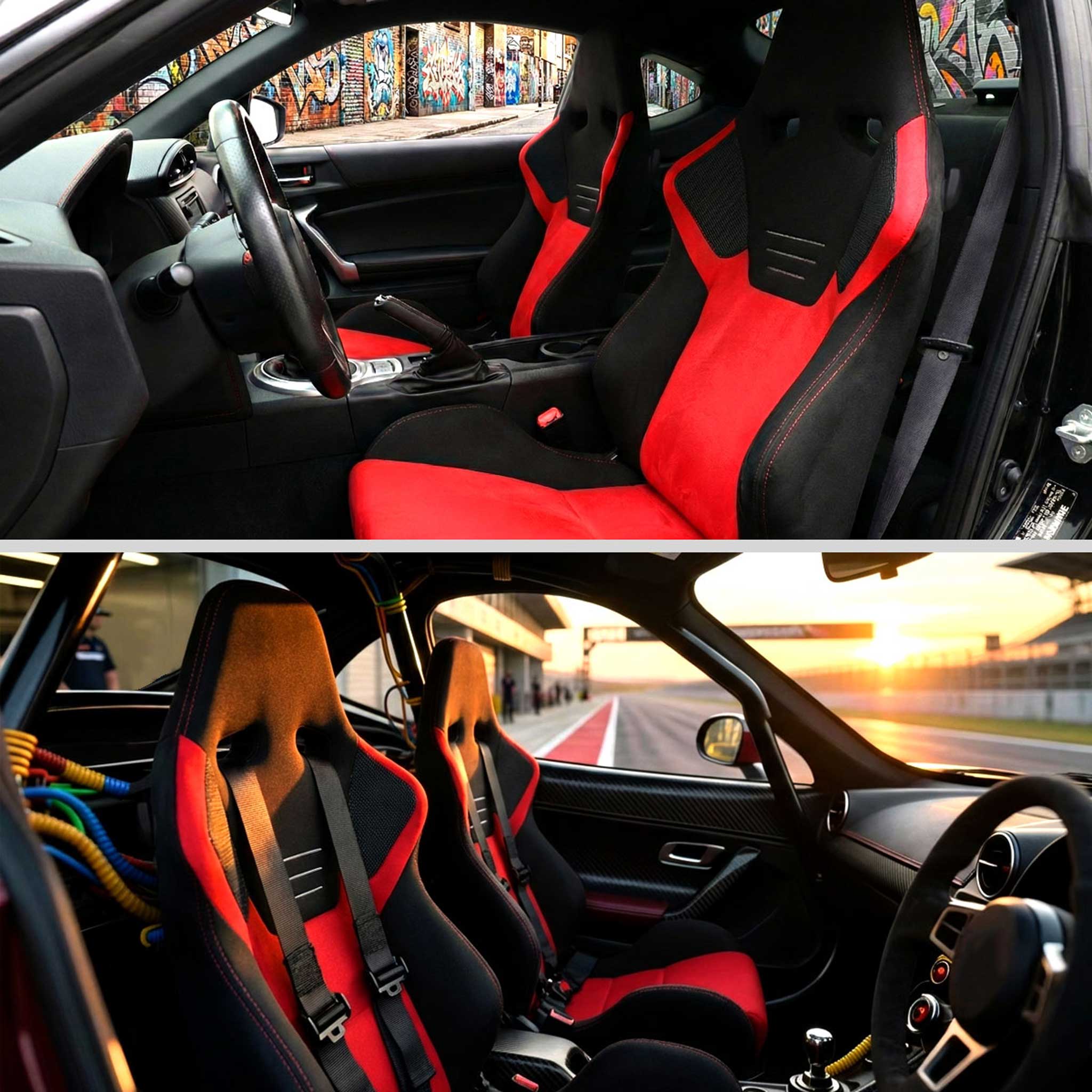 Universal Racing Seat Bright Red Suede Front Black Suede Black Double Red Stitch