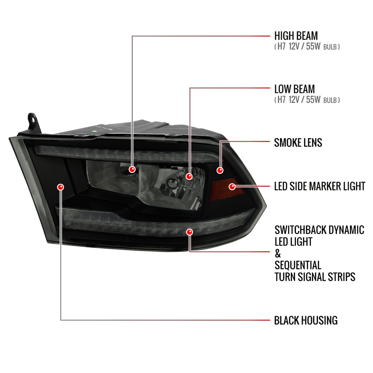 2009-2018 Dodge RAM 1500/ RAM 2500 3500 Dual LED Bar Factory Headlights Black