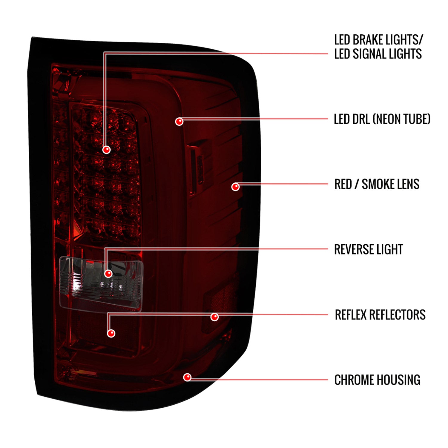 2014-2018 GMC Sierra 1500/2500HD/3500HD LED Tail Lights Chrome/Red Smoke Lens