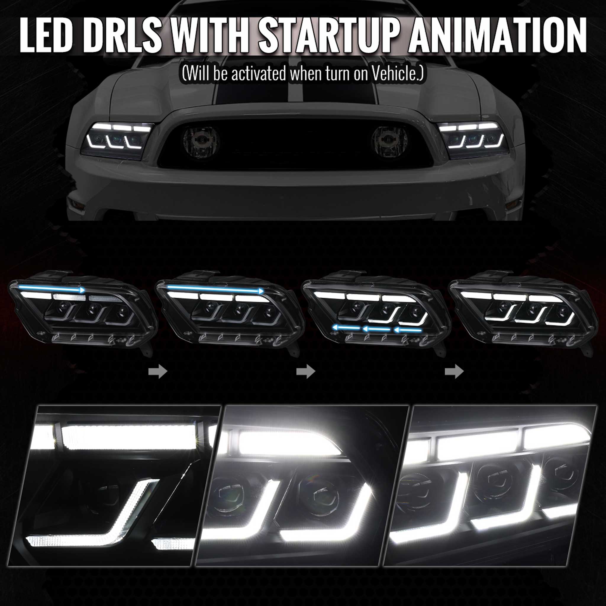 For Ford Mustang 2010-2014 Full LED Projector Headlights Sequential DRL Matte Black Clear Lens