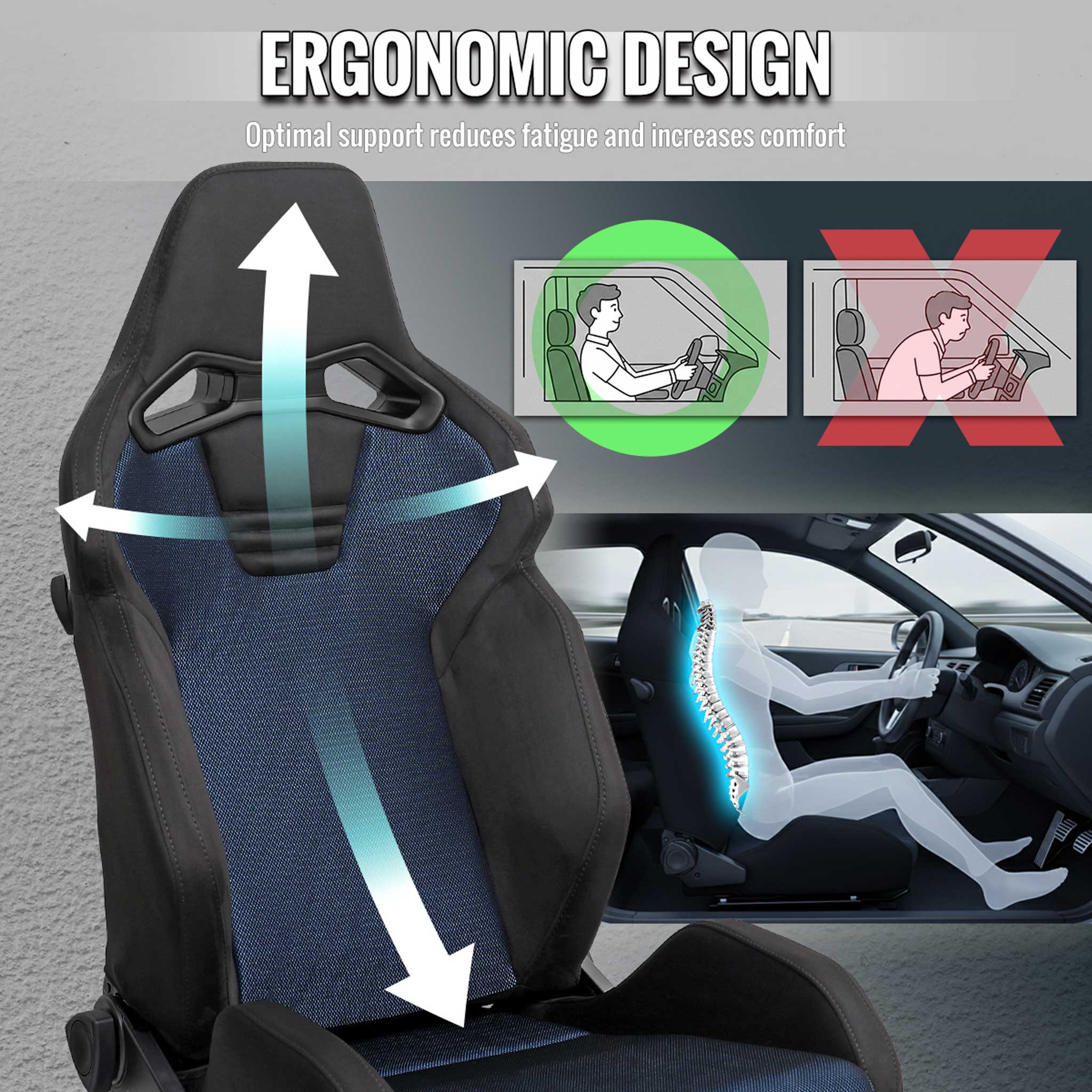 Universal Racing Seat Black Suede Blue Bird Eye Mesh Cloth Double Black Stitch