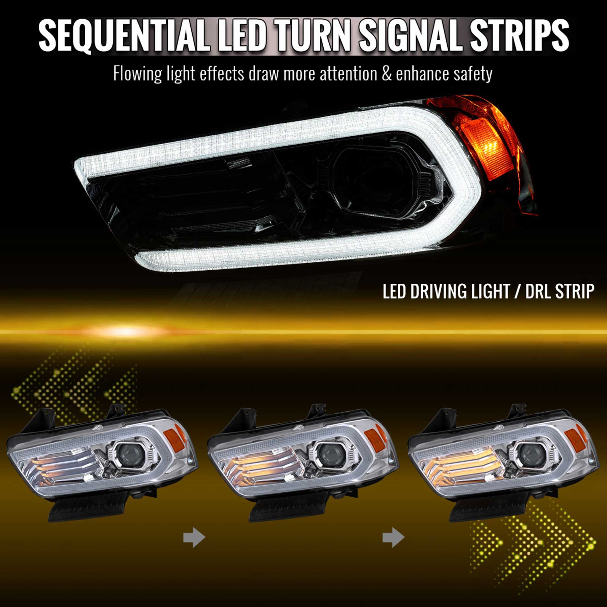 For Dodge Charger 2011-2014 Headlights LED DRL Light Strip Turn Signal Side Marker Chrome Housing Clear Lens