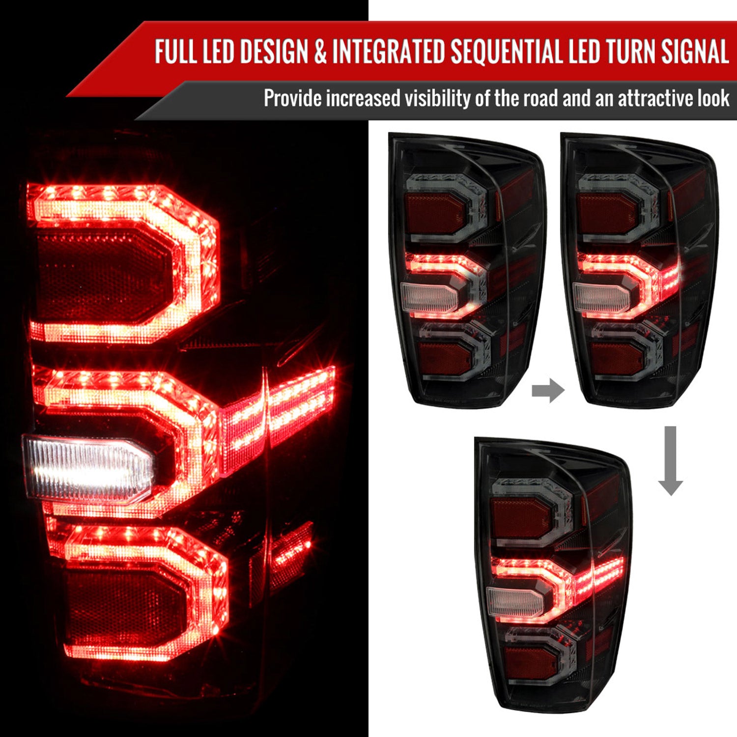 2016-2022 Toyota Tacoma Sequential Signal LED Tail Lights Glossy Black/Smoke