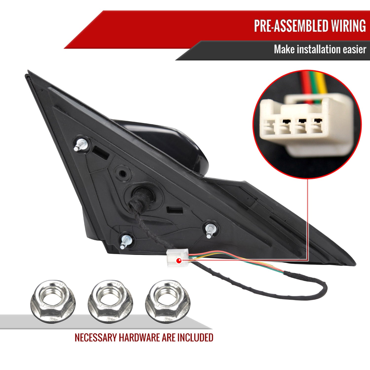 2016-2020 Honda Civic Driver/Left 3-Pin Glossy Black Adjustable Side Mirror