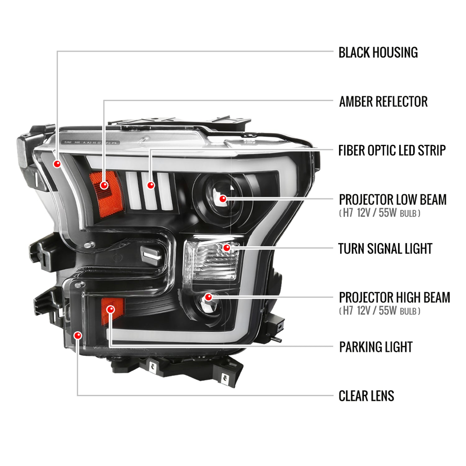 2015-2017 Ford F-150 LED Bar Projector Headlights - RS Matte Black / Clear