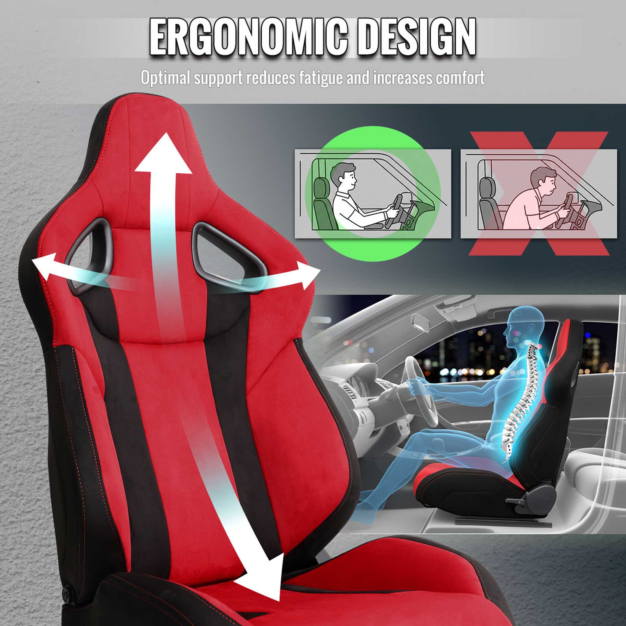 Universal Racing Seat Bright Red Black Suede With Double Red Stitch Left