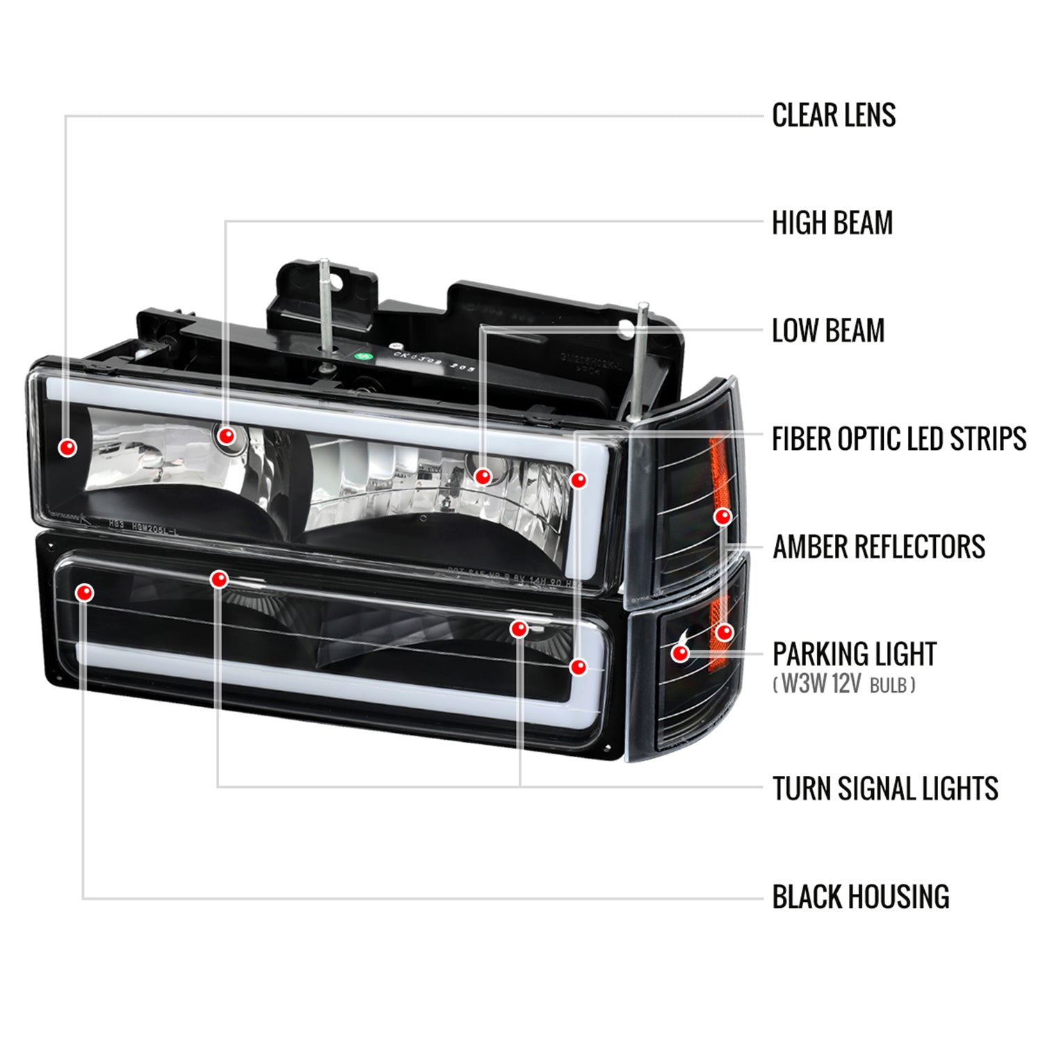 1994-1998 GMC C10 / C/K / Suburban Sierra Yukon Headlights LED Lights Black