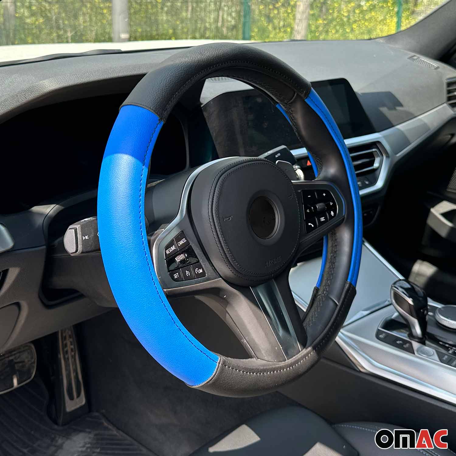14.5-15.5’’ Steering Wheel Cover Blue Black Leather Anti-slip Breathable