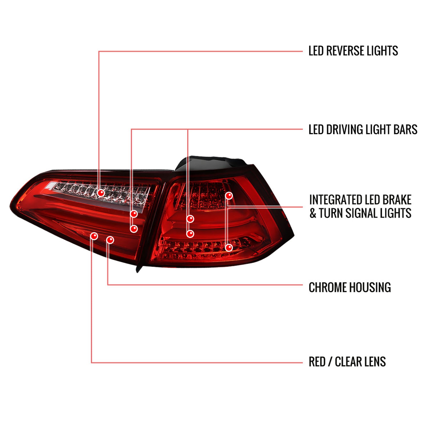 2015-2017 VW Golf/GTI LED Tail Lights Chrome Housing/Red Lens