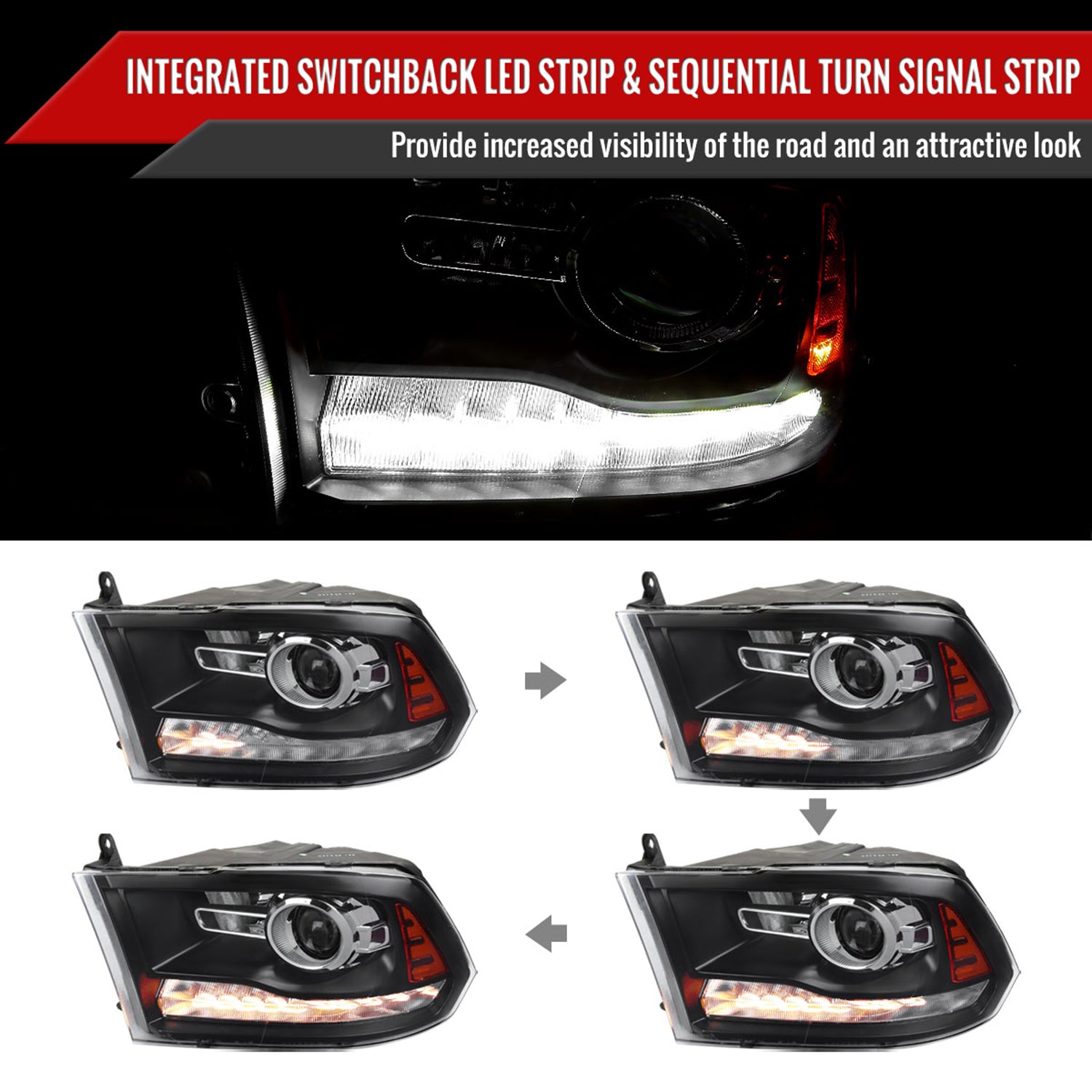 2009-2018 Dodge RAM 1500 / RAM 2500 3500 LED Bar Headlights Black